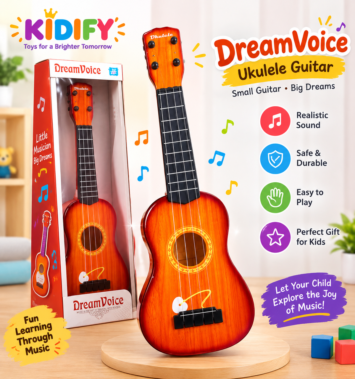 DreamVoice Toy Ukulele Guitar for Kids | Wooden-Style Musical Instrument for Beginners