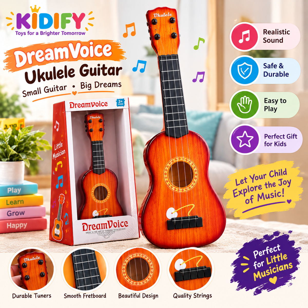 DreamVoice Toy Ukulele Guitar for Kids | Wooden-Style Musical Instrument for Beginners
