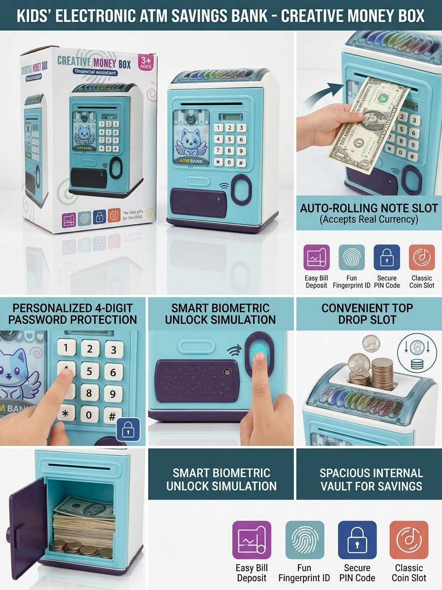 Kids Electronic ATM Piggy Bank Toy – Creative Money Box Financial Assistant with Fingerprint Sensor & Password Lock