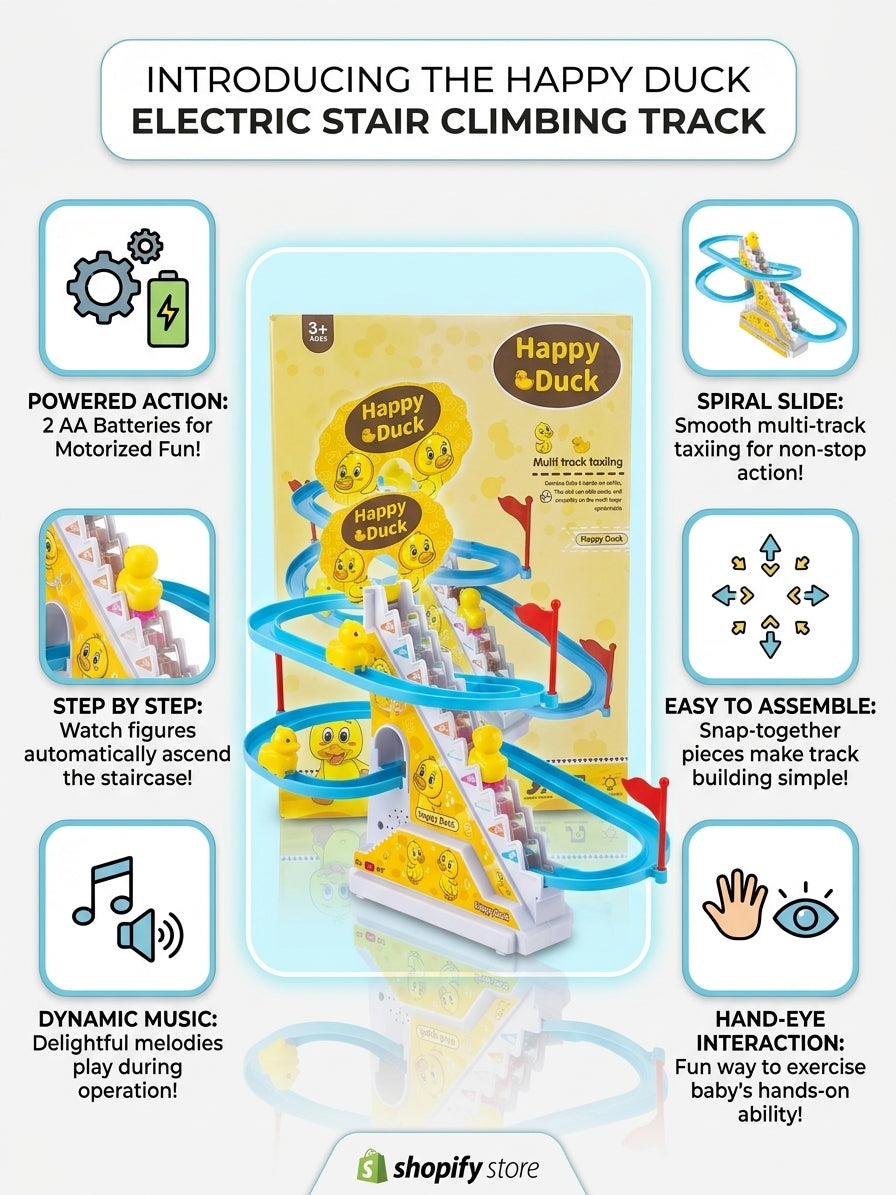Happy Duck Electric Stair Climbing Track Toy – Automatic Roller Coaster Slide Set with Music & Lights