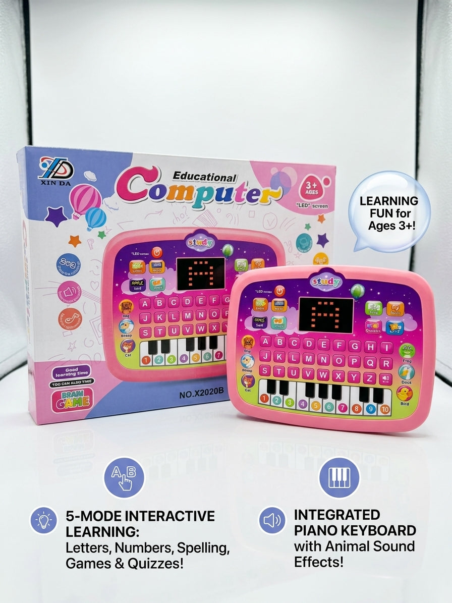 Kids Pink Educational Computer Toy Tablet – Interactive LED Study Machine with Alphabet, Numbers, Piano & Quiz Modes