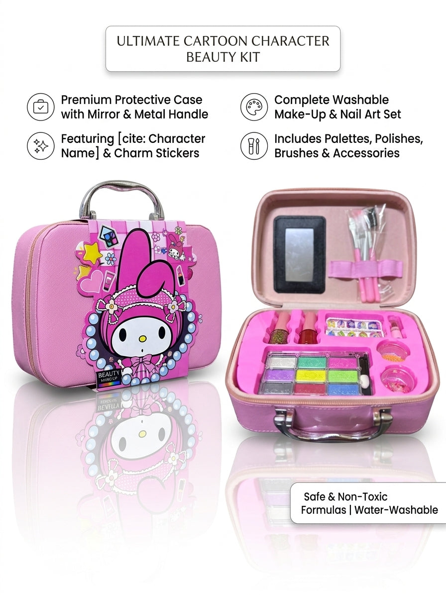 Kids Pink Cartoon Beauty Makeup Vanity Case Set – Washable Pretend Play Cosmetics Kit with Mirror & Carrying Case