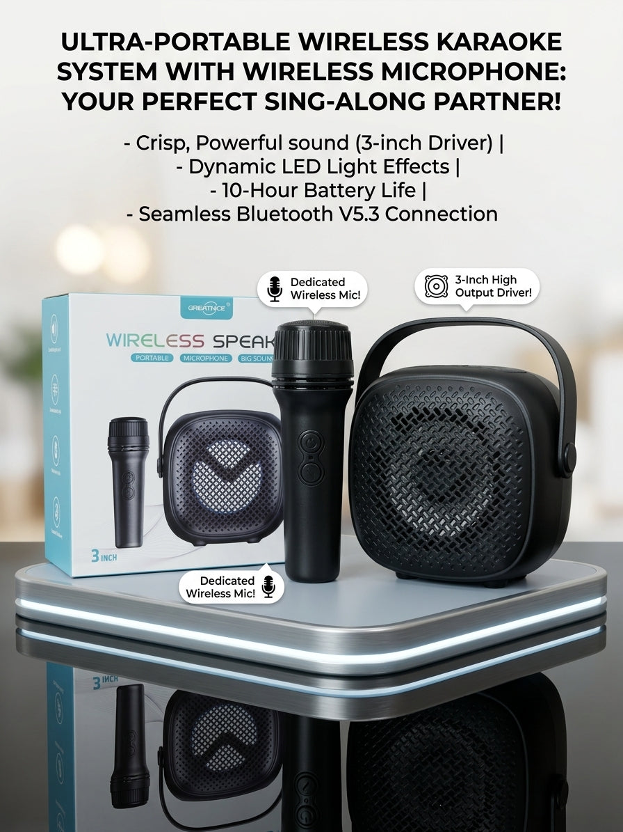 Greatnice Portable Mini Wireless Bluetooth Karaoke Speaker Set with Wireless Microphone – Compact 3-Inch Sound System