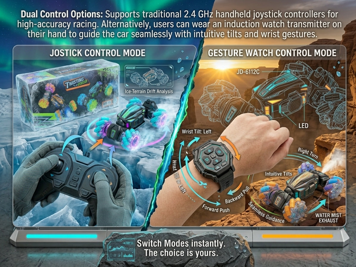 Dual Control Options: Supports traditional 2.4 GHz handheld joystick controllers for high-accuracy racing. Alternatively, users can wear an induction watch transmitter on their hand to guide the car seamlessly with intuitive tilts and wrist gestures.