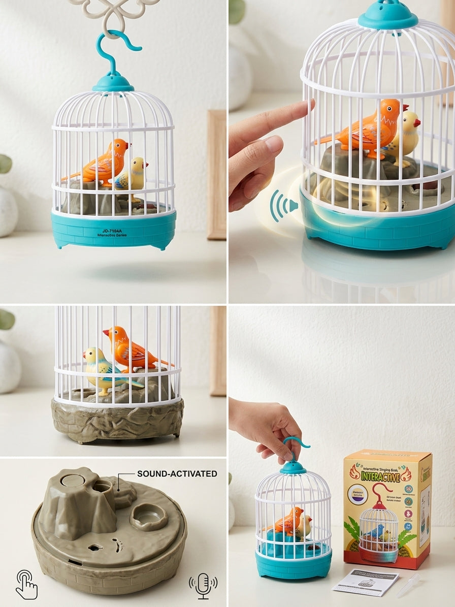 Interactive Sound & Voice Control Singing Birds in Cage Toy – Dual Electronic Chirping Birds with Hanging Hook
