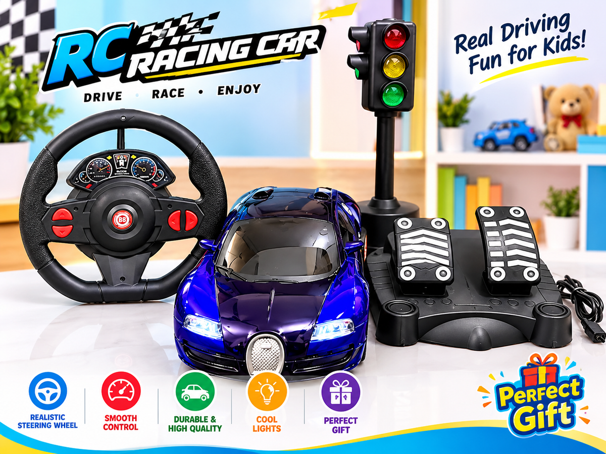 RC Racing Car with Steering Wheel, Pedals & Traffic Light – Kids’ Remote Control Toy