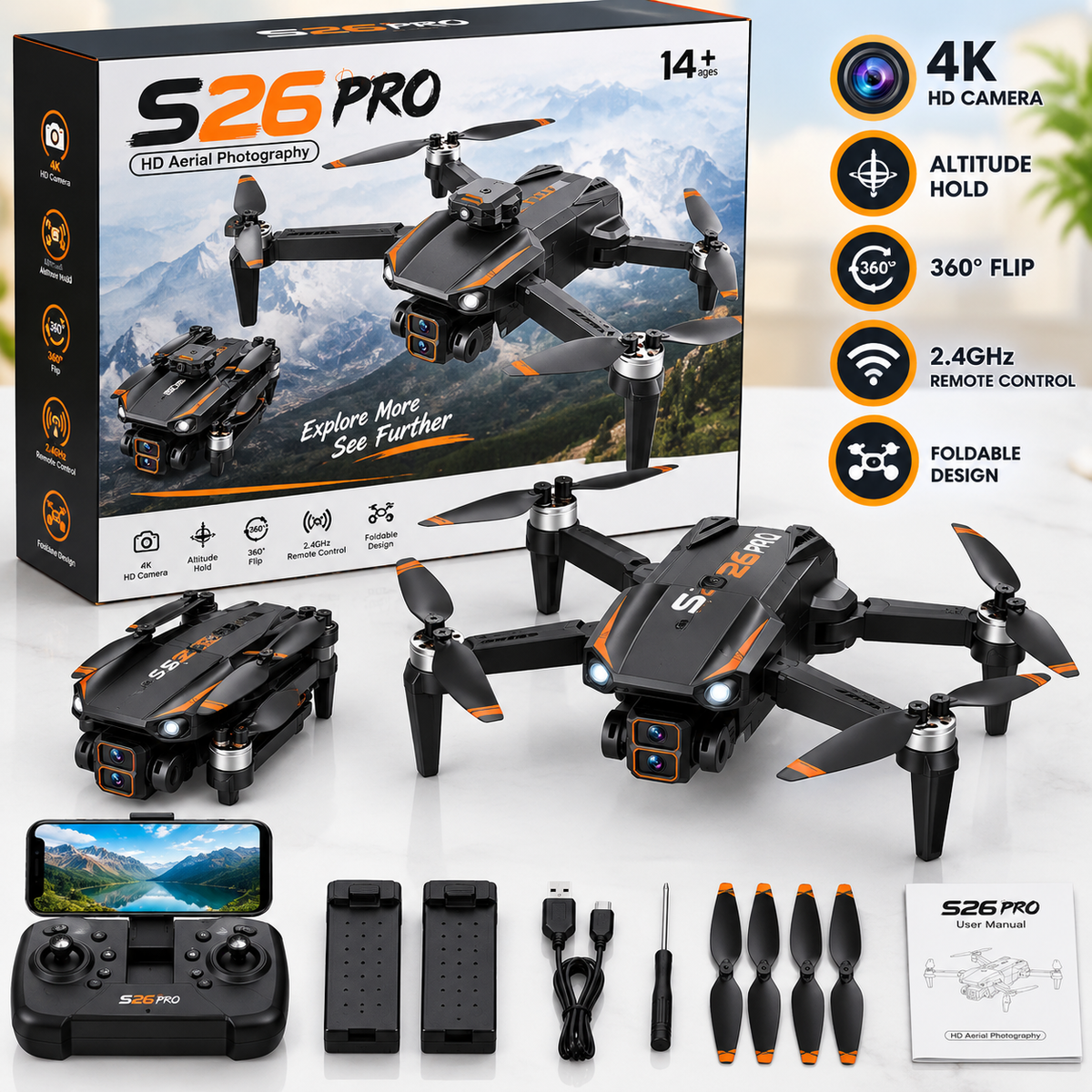S26 Pro Foldable RC Drone with HD Camera | Obstacle Avoidance & 360° Flip Quadcopter