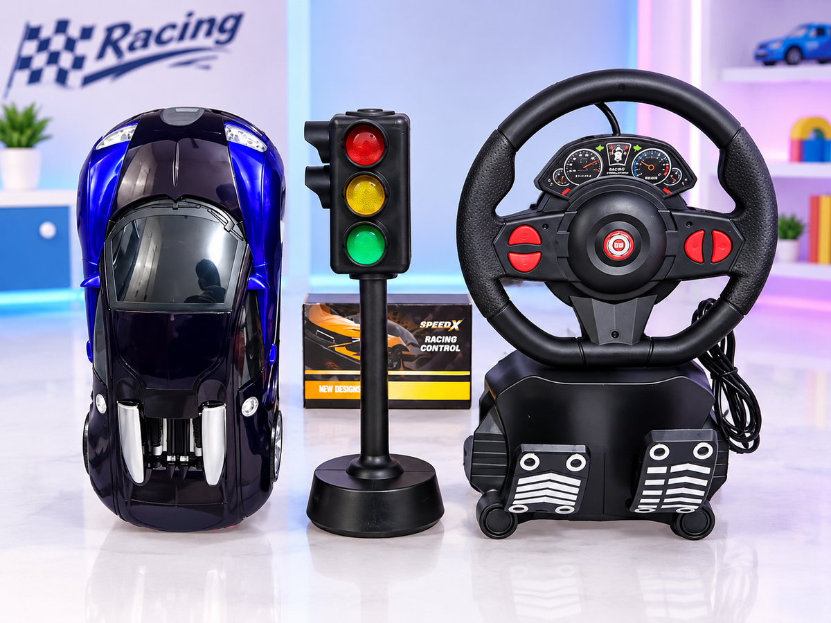 RC Racing Car with Steering Wheel, Pedals & Traffic Light – Kids’ Remote Control Toy