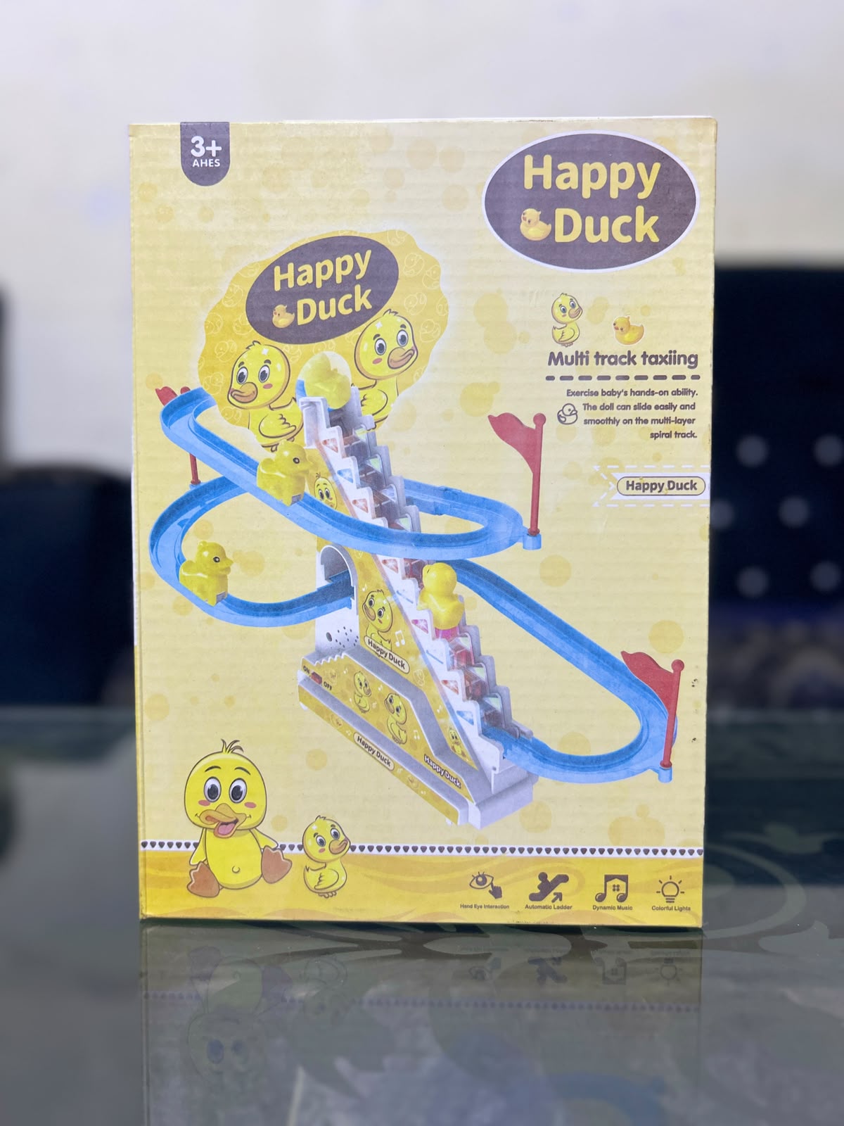 Happy Duck Electric Stair Climbing Track Toy – Automatic Roller Coaster Slide Set with Music & Lights