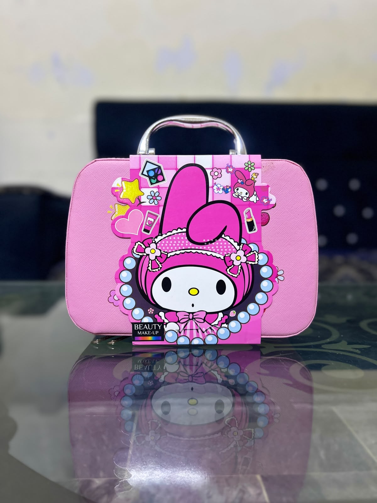 Kids Pink Cartoon Beauty Makeup Vanity Case Set – Washable Pretend Play Cosmetics Kit with Mirror & Carrying Case